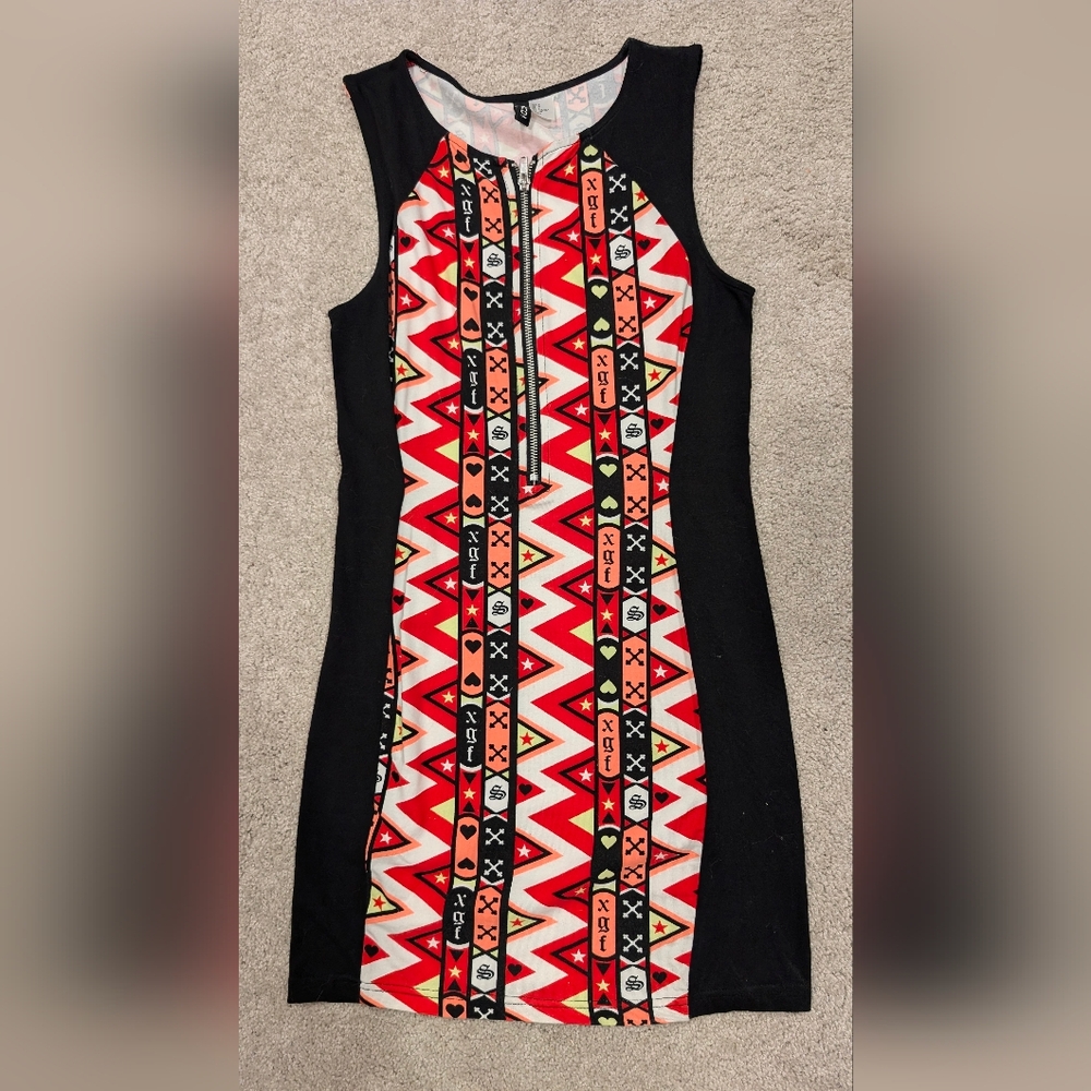 Eclectic H&M Divided Knit Bodycon Dress Black & Pink Neon Graffiti Print - Small